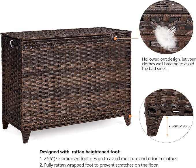 Laundry Hamper with 4 Removable Liner Bags; 176L Handwoven Rattan Laundry Basket with Lid & Heightened Feet; Clothes Hamper with Side Handles - Image 5
