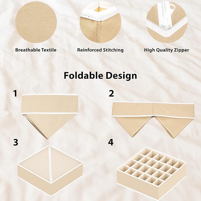 Simple Houseware Sock Drawer Organizer for Dresser/Closet/Bedroom, 3 Pack, Beige - Image 3