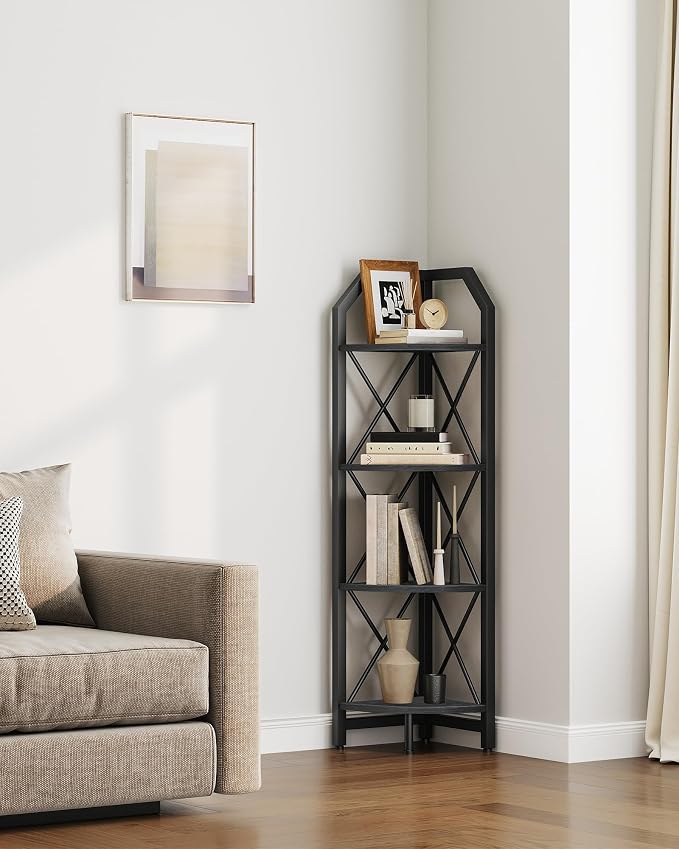 CHOEZON 4-Tier Corner Shelf, Industrial Corner Bookshelf, 47.6" Corner Storage Stand, Plant Stand Display Shelf, Corner Bookcase for Bedroom, Living Room, Home Office, Black TCJ09BB - Image 5