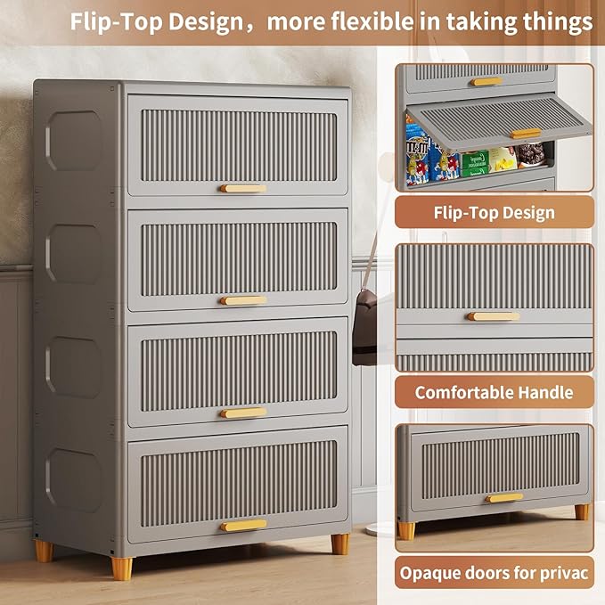 4 Tier Large Storage Bins with 1 Lid, 204QT Closet Organizers and Storage, Drawers Flip Open Plastic Containers for Living Room, Office, Dorm (4 Tiers)