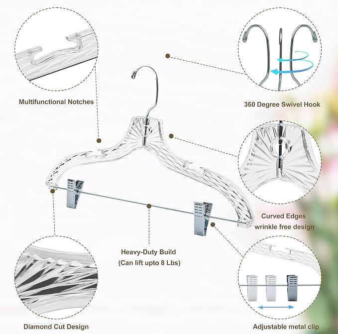 Quality Clear Plastic Skirt Hangers - 12 Pack Crystal Cut for Skirt, Pant, Dress, Suit, Coat Hangers Heavy Duty & Nonslip Design Asujtable Clips, Swival Hook, 17" inch (12, Crystal Skirt) - Image 3