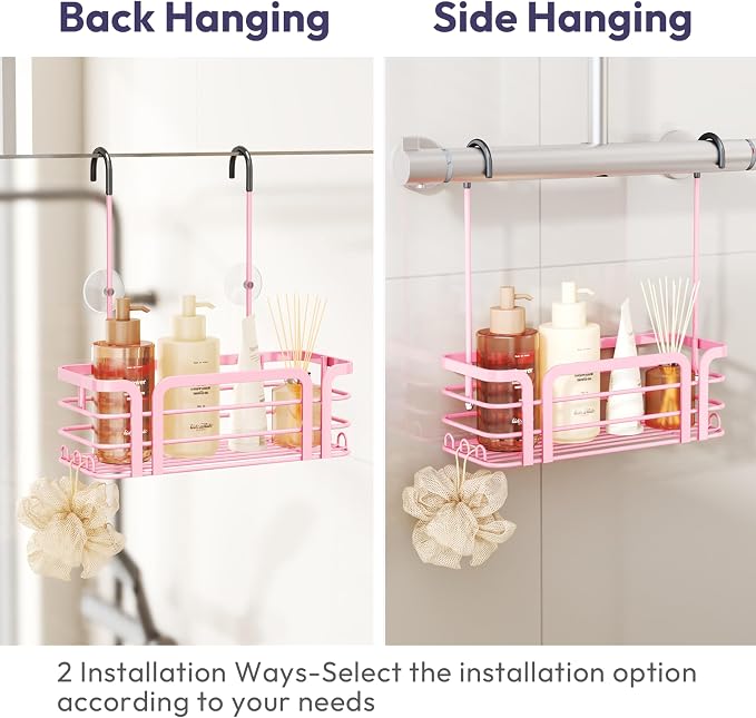 SWTYMIKI Shower Caddy Hanging Organizer - Over the Door Shower Caddy with 6 Hooks, 2 Installation Ways, Stainless Steel Rustproof Bathroom Organizer, Pink Small - Image 3