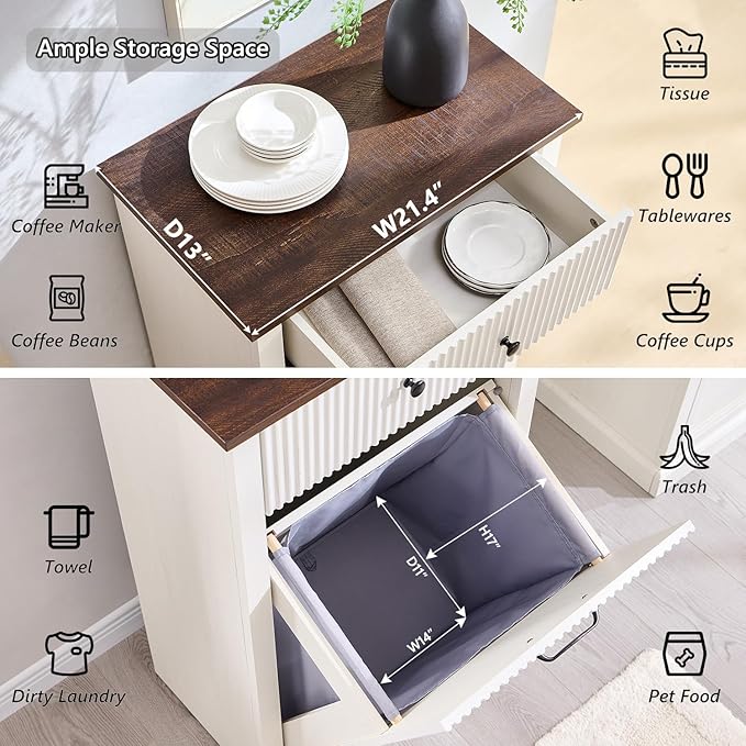 IFBUY Modern Tilt-Out Laundry Hamper Cabinet, 10 Gallon Fluted Trash Can Cabinet with Drawer, Wooden Hidden Garbage Can Cabinets with Laundry Basket, Free Standing for Bathroom and Kitchen, White - Image 3