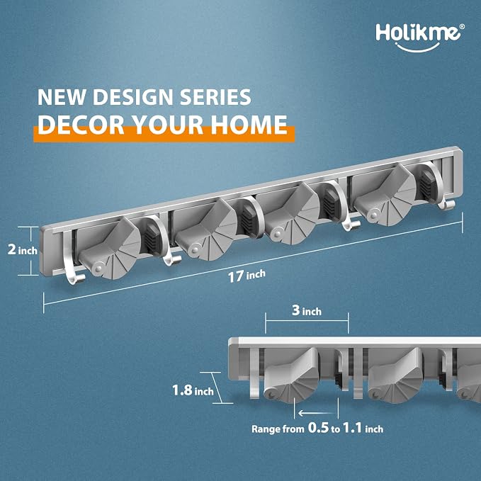 Holikme Mop Broom Holder Wall Mount Metal Pantry Organization and Storage Garden Kitchen Tool Organizer Wall Hanger for Home Goods (4 Positions with 4 Hooks, Silver) - Image 6