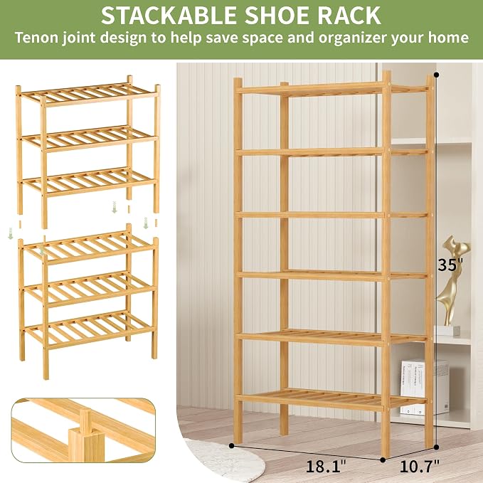 ROMGUAR CRAFT 6-Tier Bamboo Small Shoe Rack, Free Standing Wood Shoe Shelf Storage Organizer for Closet Entryway Stackable (Natural) - Image 3