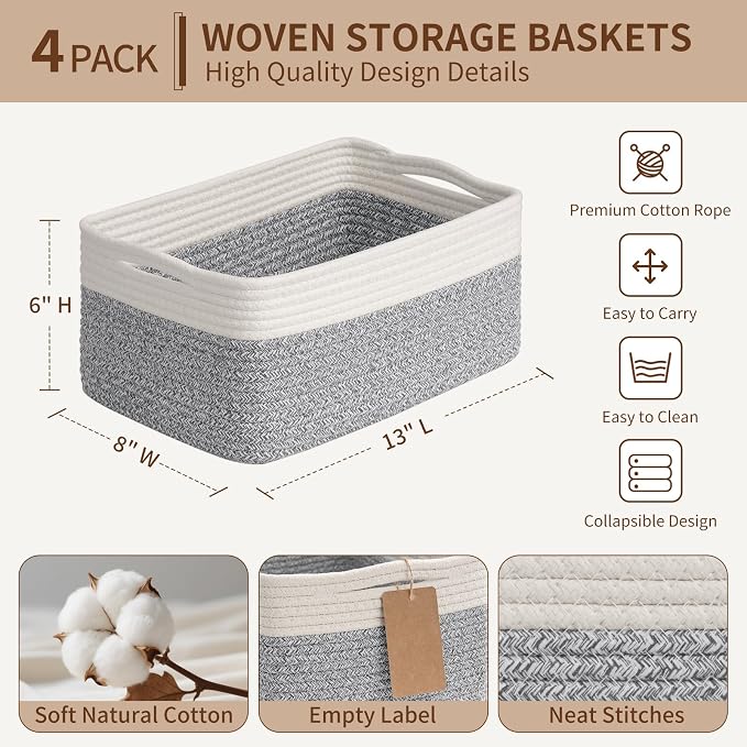 Goodpick 4 Pack Storage Baskets for Shelves, Rectangle Woven Baskets for Organizing, Decorative Closet Bins with Handles, Shelf Basket for Baby Toy Storage, 13''L x 8''W x 6''H, Gray & White - Image 3