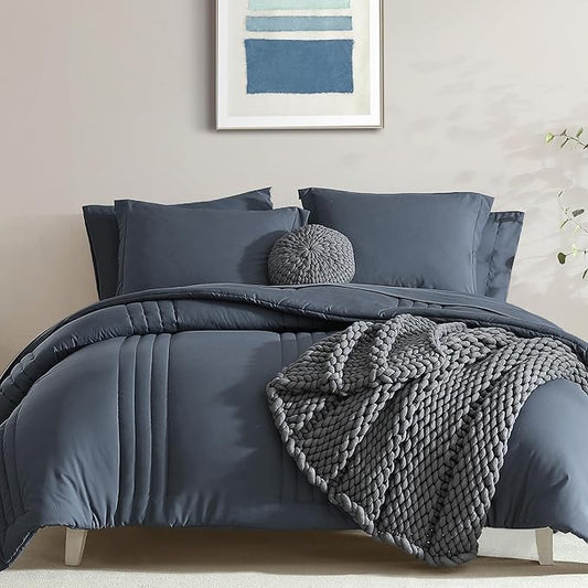 Monbix Super King Plus Size Comforter Set - 7 Pieces Blue Gray Bed in a Bag Super King Plus Bedding Sets with Comforters, All Seasons Comforter Bed Set with Sheets,Pillowcases & Shams