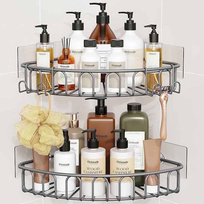 Orimade Corner Shower Caddy with 2 Hooks Wall Mounted Metal Bathroom Shelf Storage Organizer Adhesive No Drilling 2 Pack, Grey Only for 90-Degree Corner by Orimade