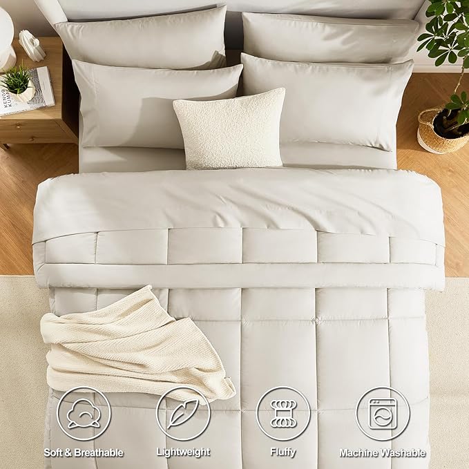CozyLux Queen Comforter Set Oatmeal, 7 Pieces Bed in a Bag, Oatmeal Comforters Queen Size, All Season Bedding Sets with Stitch Quilted Comforter, Flat Sheet, Fitted Sheet, Pillowcases