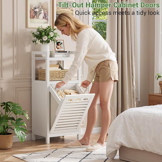 Homykic Tilt Out Laundry Hamper, 10 Gal Bamboo Laundry Storage Cabinet with Removable Basket, Hidden Hamper Organizer with Shelf for Dirty Clothes, Bathroom, Laundry Room, Space Saving, White - Image 3