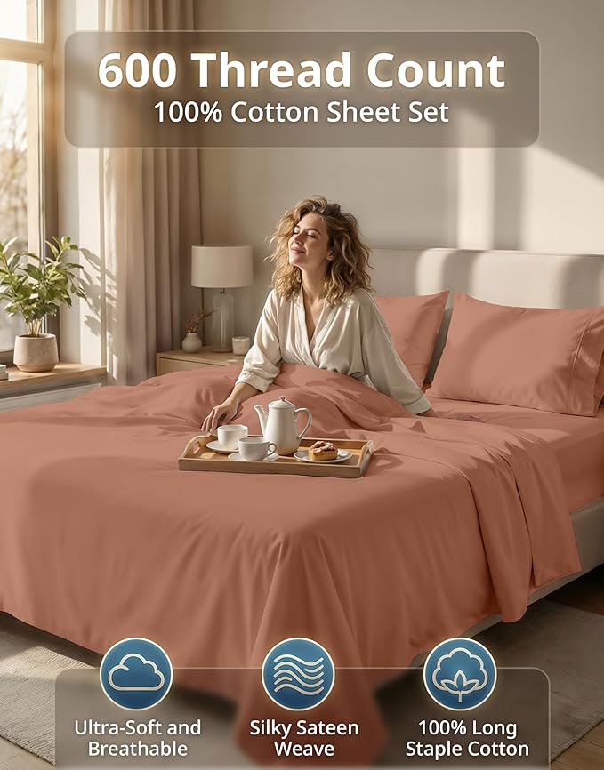LANE LINEN Bed Sheets Queen Size – Premium 600 Thread Count Long-Staple 100% Cotton Sheets Queen Size Set, Hotel Luxury Soft & Cool Sateen Finish, Fully Elasticized 15" Deep Pocket – Rose Dawn