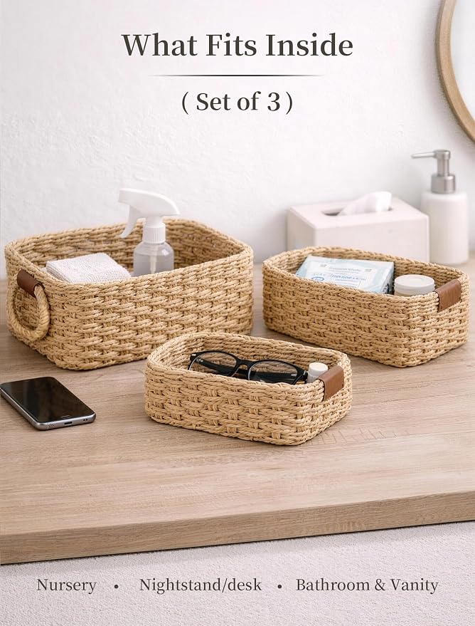 Storage Basket, Recycled Paper Rope Basket Organizer, 3Pcs Small Baskets for Organizing, Mini wicker Basket for Decorative Storage Bins, Shelves, Cabinet - Brown - Image 3