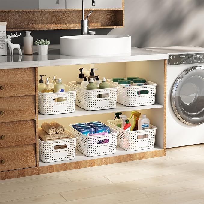 ORGIDOL Plastic Storage Basket with Lids 12 Pack Stackable Storage Bins Containers with Lid, Decorative Storage Boxes for Organizing Shelves, Drawers, Playroom, Classroom, Office, Closet, White - Image 6