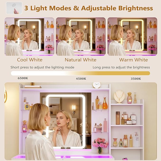 HUAHUU Vanity Desk with Mirror and Lights 3 Colors, 43.3" Makeup Vanity with Glass Top & RGB Light, White Vanity Table Set with Stool, 5 Drawers & Power Outlet for Bedroom Dressing Room