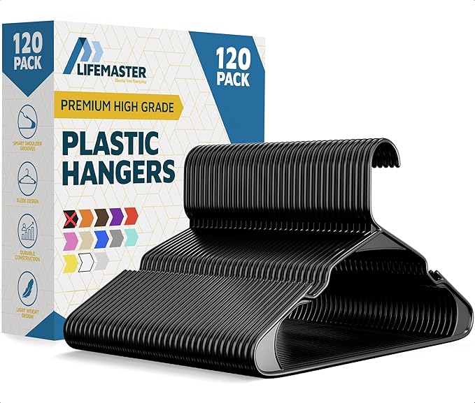 Lifemaster Plastic Clothes Hanger Set - 120 Pieces Versatile, Lightweight, Space-Saving, Non-Slip, Slim Designed, Dry and Wet Clothes Hanger Set - Black by LIFEMASTER