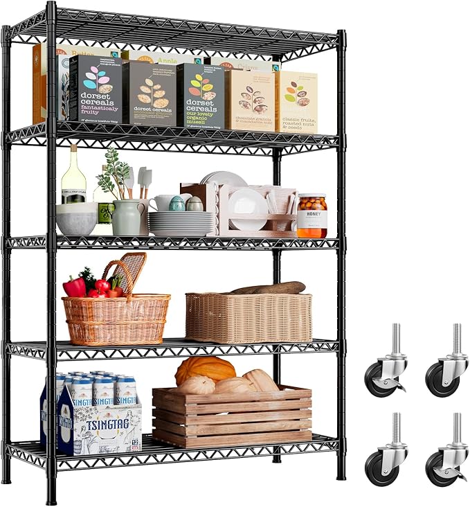 REIBII 73''H Storage Shelves 1660LBS Wire Shelving Unit with Wheels 5 Tier Metal Shelving,Heavy Duty Metal Shelves for Storage Rack,Commercial Industrial for Garage Kitchen 73''HX35''WX15''D,Black by REIBII