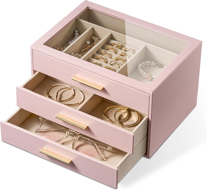pickpiff Jewelry Box Organizer Case for Women: 3-Layer Jewelry Storage Case with Glass Window, Pink Leather with Velvet Holder for Ring Necklace Bracelet Brooch Watch, Great Gift for Her - Image 9