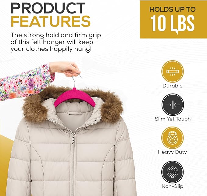 Techzoo Premium Velvet Hangers 50 Pack Ultra Thin Non Slip Adult Felt Space Saving Suit Hanger for Closet Heavy Duty Coat Pants Jackets Dress Hangers 360° Swivel Hook Hold Upto 10 lbs Dark Pink - Image 3