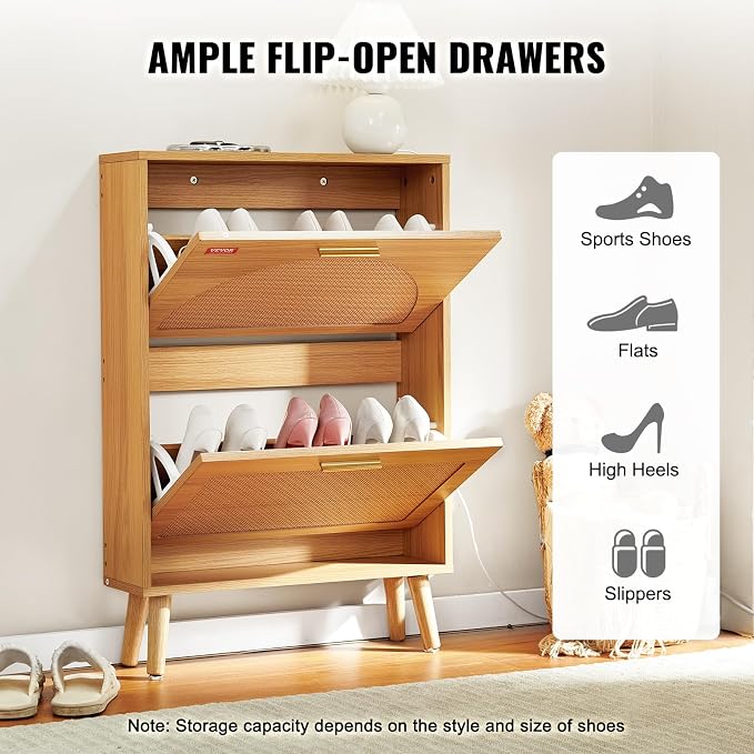 VEVOR Shoe Cabinet with 2 Flip Drawers, Shoe Storage Cabinet for Entryway, Free Standing Shoe Storage Organizer with Rattan Doors for Heels, Boots, Slippers in Hallway, Living Room - Image 5