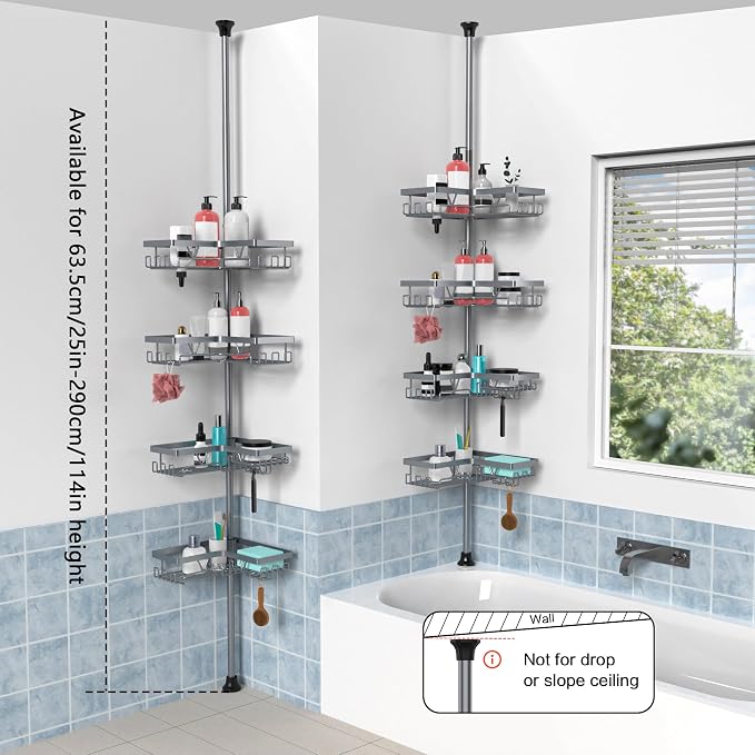 KEGII 4-Tier Corner Shower Caddy Tension Pole - Adjustable Shower Tension Rod Organizer, Floor to Ceiling Shower Caddy 25-114.2 inch, Shower Towel Rack Corner Waterproof, Light Gray - Image 6