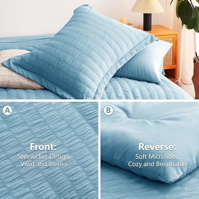 CozyLux Full Size Comforter Sets with Sheets 7 Pieces, Sky Blue Seersucker Bed in a Bag Textured Luxury Soft Bedding Set with Down Alternative Comforter, Sheets, Pillowcases & Shams for All Season