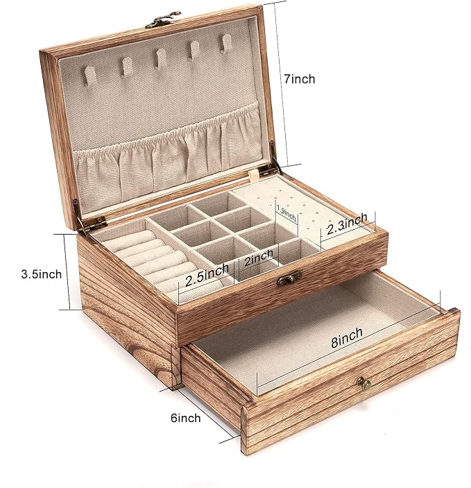 Pinzoveco Jewelry Box for Women, Rustic Wooden Jewelry Organizer Box for Storage Earrings Rings Necklace Bracelet, Farmhouse Style Wood Jewelry Boxes & Organizers (Torched Wood Color) - Image 6