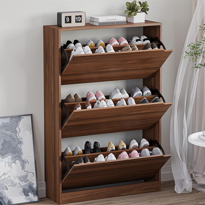 BORNOON Shoe Cabinet with 3 Flip Drawers, Slim Narrow Shoe Storage Cabinet, Freestanding Shoe Organizer with Adjustable & Removable Shelves, Top Display Shelf for Entryway, Hallway, Foyer, Closet by BORNOON