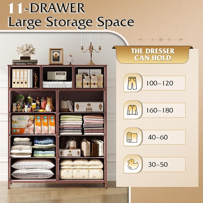WLIVE Tall Dresser for Bedroom, Fabric Dresser Storage Tower, Chest of Drawers Organizer Unit with 11 Drawers, Storage Cabinet, Hallway, Closets, Steel Frame, Wood Top, Pink - Image 5