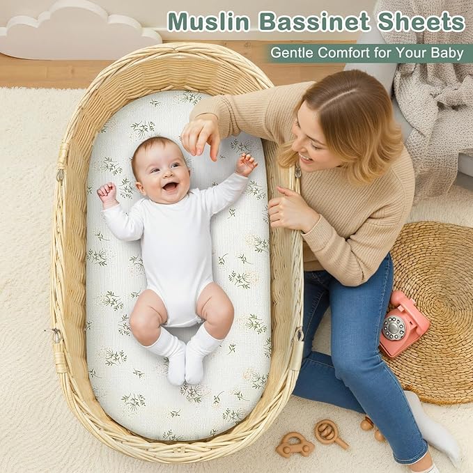 Basumee Muslin Bassinet Sheets for Baby Girl Boy 2 Pack Soft Breathable Baby Bedside Bassinet Fitted Sheets with Bottom Elastic Band Mattress Cover for Rectangle Oval Hourglass Bassinets