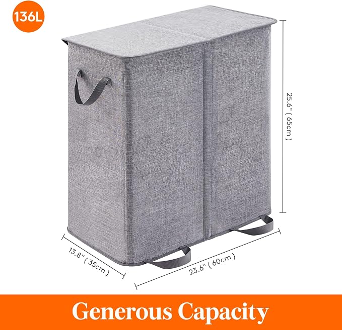 Lifewit Double Laundry Hamper with Lid and Removable Laundry Bags, Large Collapsible 2 Dividers Dirty Clothes Basket with Handles for Bedroom, Laundry Room, Closet, Bathroom, College, 136L Gray - Image 6