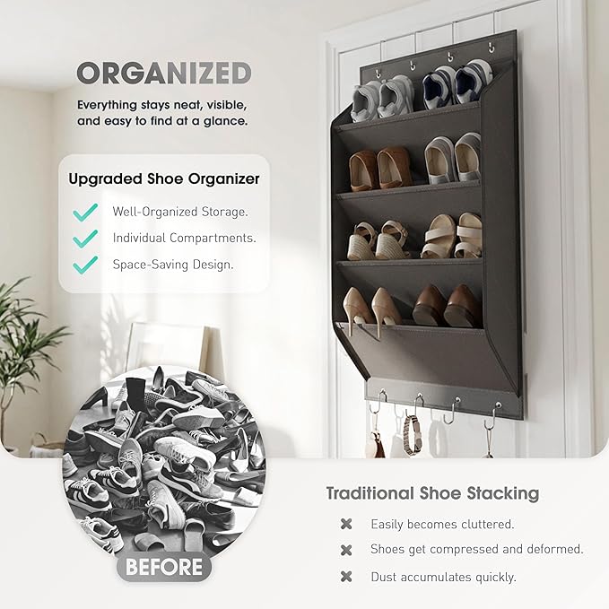 WVM Over The Door Shoe Organizer with Large Deep Pockets, Hanging Closet Shoe Rack for Large Shoes, Boots, Multifunctional Entryway Door Hanger with Hooks - Image 4