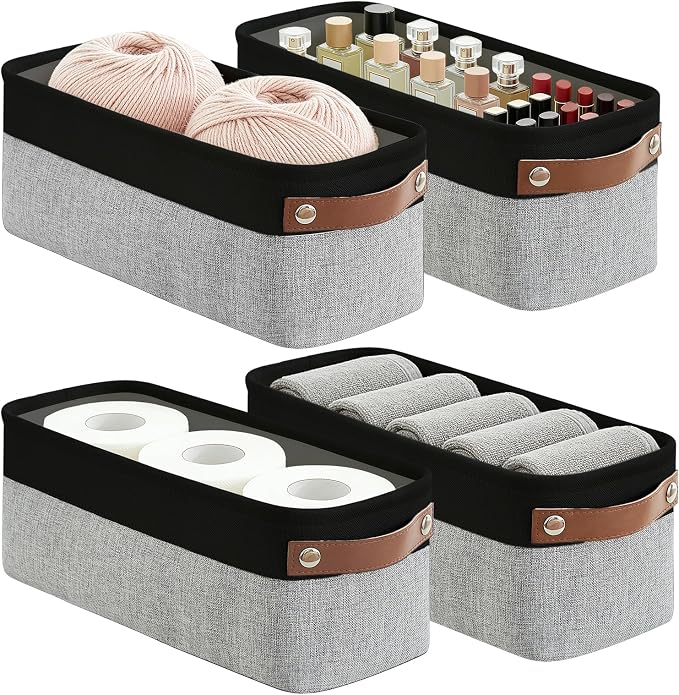 Bagnizer Small Fabric Storage Baskets, 15x6x5 inch Narrow Storage Bins 4-Pack Long Storage Basket for Organizing with Handles, Decorative Basket for Closets, Shelves, Toilet Paper, Grey by Bagnizer