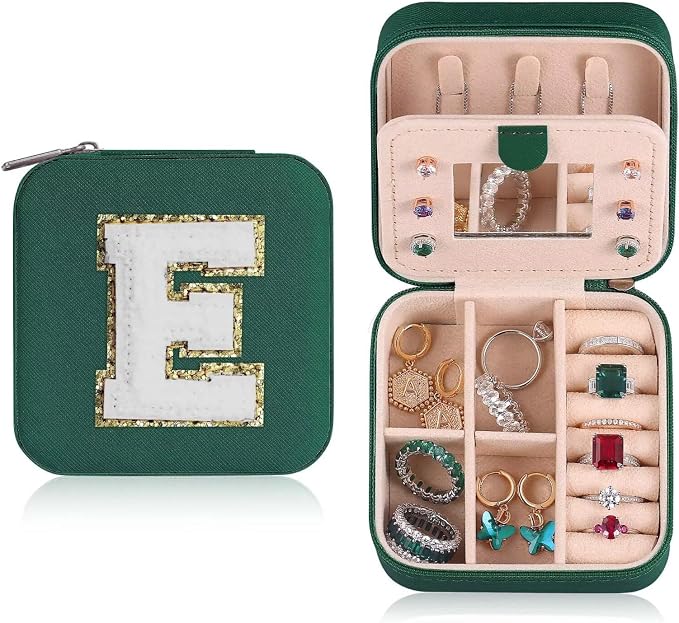 ETHOON Jewelry Travel Case Small Organizer Stocking Box Personalized Gifts Teenage Jewelry Accessories Holiday Christmas Gift for Women Green, Letter E by ETHOON
