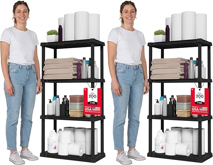 IRIS USA 4-Shelf Light Duty Plastic Storage Shelves, 200lb Capacity, 48" H x 24" W x 12" D, Medium Modular Shelving Unit Storage Organizer for Bathroom, Laundry, Garage & Home, Storage Rack - Black by IRISUSA