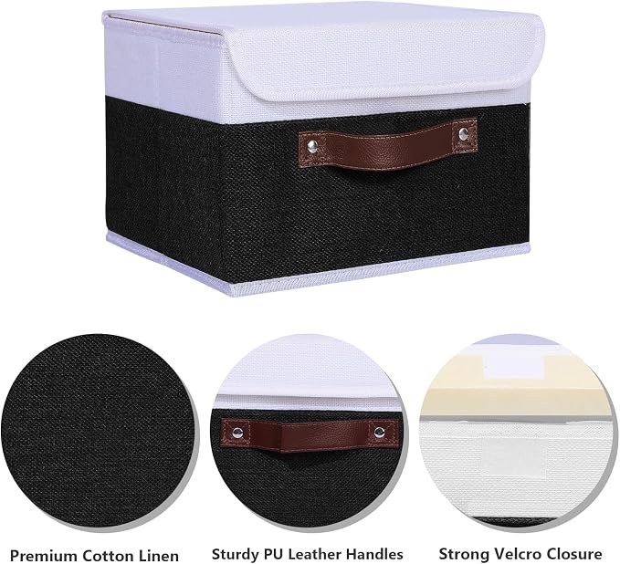 ANMINY 4PCS Storage Boxes with Lid Washable Decorative Storage Bins Basket with PU Leather Handle Foldable Linen Fabric Storage Cubes Containers for Home Closet Organizer - Black White, Small Size - Image 4