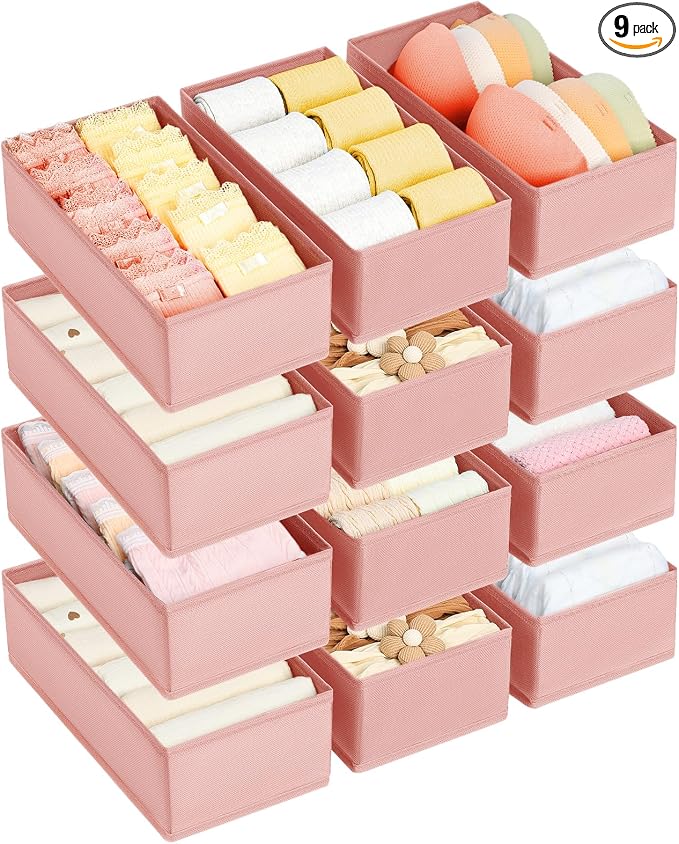DIMJ Drawer Organizer Clothes - Underwear Organizer Small Sock Organizer Closet Organizers and Storage Box Dresser Drawer Dividers for Baby Clothes,Bra,Socks, Belt, Tie, Set of 12, Pink by DiMJ