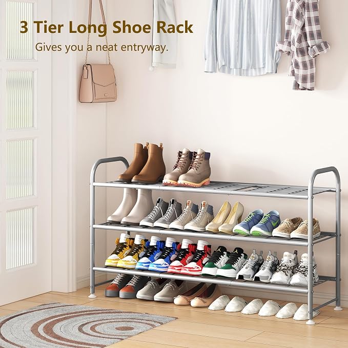 LINZINAR Shoe Rack 3 Tier Long Metal Shoe Organizer for Closet Entryway Grey - Image 4