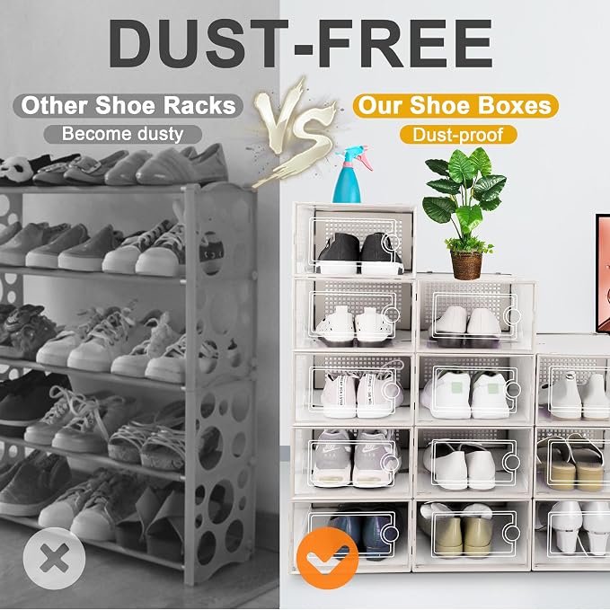 Kuject Large Shoe Organizers Storage Boxes for Closet, 12 Pack Clear Plastic Stackable Storage Bins with Lids, Under Bed Shoe Containers for Entryway, Fit up to Women's Size 10,Black,Off-white - Image 5