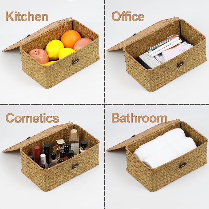 Wicker Basket with Lid, Natural Seagrass Storage Baskets for Organizing, Woven Basket for Storage, Decorative Boxes Bins with Lids Home Organizer Decor (‎Natural, Small) - Image 2