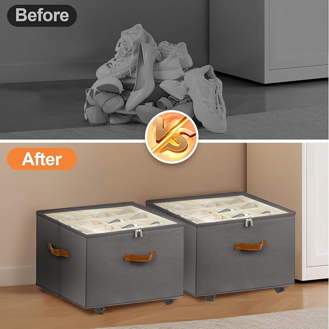 Foyego Shoe Organizer for Closet, 2 Pack Shoe Storage Organizer with Wheels and Adjustable Dividers, Stackable Shoe Storage Box with Clear Cover, Closet Shoe Organizer Fits up to 16-32 Pairs, Gray - Image 7