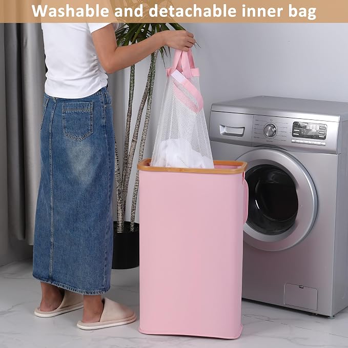 iEGrow 65L Slim Laundry Hamper, Narrow Laundry Basket with Lid,Foldable Clothes Hamper with Bamboo Handles,Hamper Basket with Removable Inner Bag for Laundry Room Bedroom College Dorm,17.17 Gals Pink - Image 5