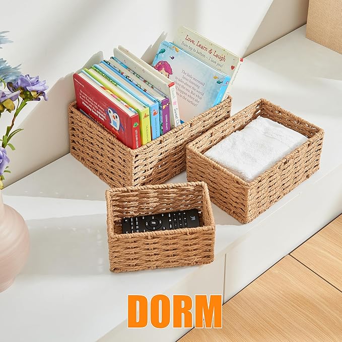 Small Wicker Basket for Organizing, Woven Storage Basket Set of 3 - Handwoven Natural Paper Rope Baskets to Declutter Any Room, Perfect for Organizing and Home Decor - Image 5