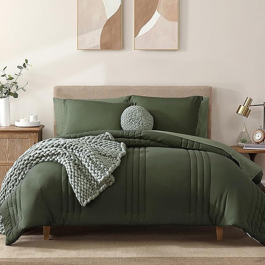 Monbix King Size Comforter Set - 7 Pieces Bed in a Bag King, Olive Green Bedding Sets with Comforter, All Seasons Comforter Bed Set with Sheets, Pillowcases & Shams