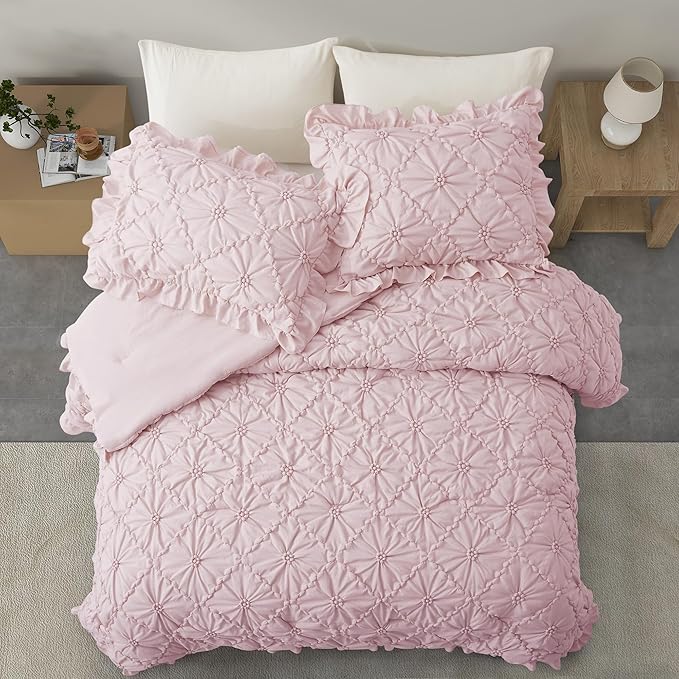 BEDAZZLED King Size Comforter Sets, Pink Bedding Comforter Set, 3 Pieces Pinch Pleat Bedding Sets with Comforter and Pillowcases Soft Farmhouse Shabby Chic Comforter for All Seasons