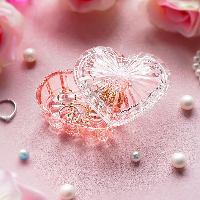 kanpura Glass Heart Shaped Jewelry Box Candy Dish with Lid Ring Earring Trinket Storage Box Vintage Jewelry Organizer Decorative Jar Christmas Gift for Women Girls(Pink) - Image 2
