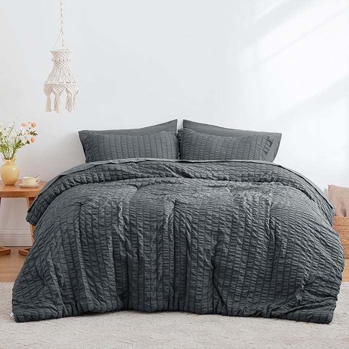 Love's cabin Seersucker Charcoal Grey Twin XL Comforter Set, 5-Piece All Season Lightweight Bed in a Bag Bedding Set with Comforter, Flat Sheet, Fitted Sheet, Pillowcase and Sham | Soft, Breathable, Lightweight