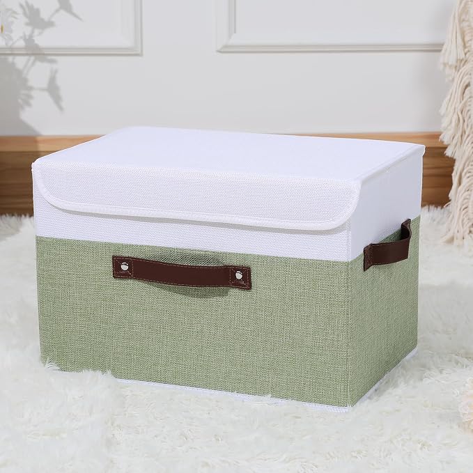 ANMINY Storage Boxes with Lids Washable Decorative Storage Bins Basket with PU Leather Handle Foldable Linen Fabric Storage Cubes Containers for Home Closet Organizer - Green White, Large Size - Image 6