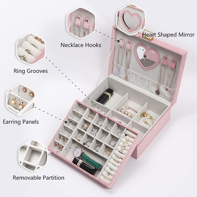 Dajasan Jewelry Boxes for Women Girls, Jewelry Organizer Box, 2-Layer Large Velvet Jewelry Organizer for Rings Necklaces Bracelets Watch Earring（Pink） - Image 5