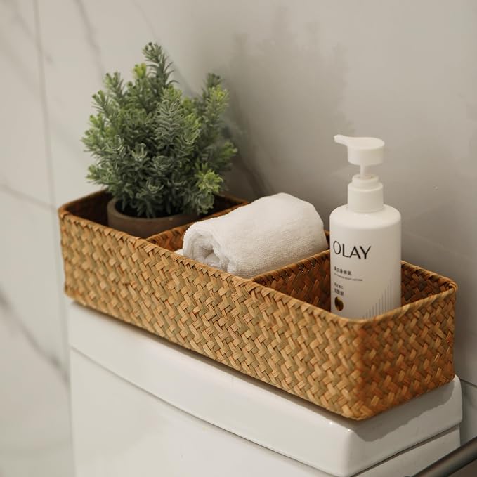 Seagrass Storage Basket 3 Sections Woven Shelf Baskets with Compartment (Natural, 14.6inch x 4.7inch x 3.1inch) - Image 2