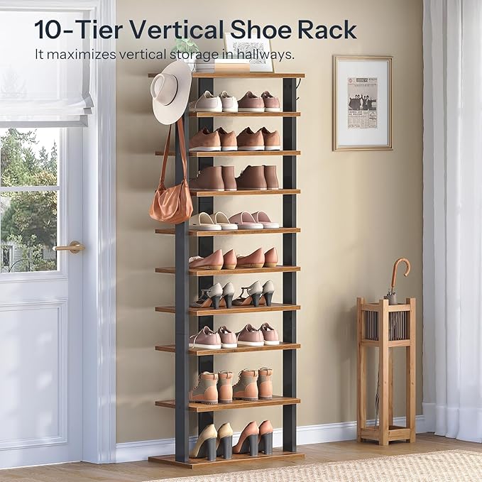 HOOBRO 10 Tiers Vertical Shoe Rack, Wooden Shoe Storage Organizer with Hooks, Narrow Shoe Tower for 20 Pairs, Space Saving, for Entryway, Living Room, Bedroom, Rustic Brown FG140XJ01 - Image 4